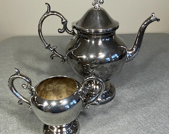 Vintage Silver on Copper Tea Set, BSC Teapot and Sugar Bowl with Ornate Scroll Handles