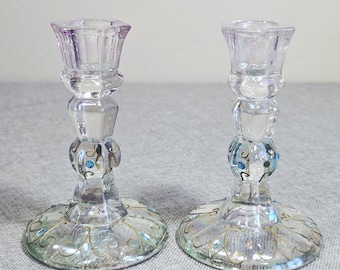 Antique Bohemian Glass Candlesticks Art Nouveau Iridescent Gold Enamel Pair