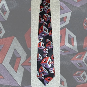 Vintage 90s Geometric Cube Necktie Extra Long Black Red Purple