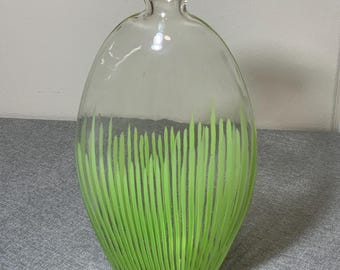 Glass Vase Hand Blown Murano Style Green Feather Design – 13” Heavy Art Glass Centerpiece