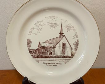 Vintage Fairbanks Alaska kyrktallrik: 1950-talets Homer Laughlin Porslin