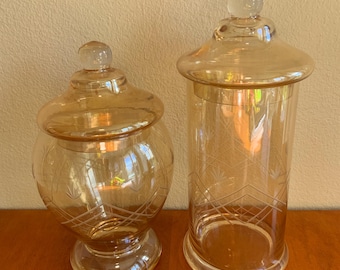Juego de tarros de boticario vintage de cristal iridiscente de caléndula cortados a transparentes