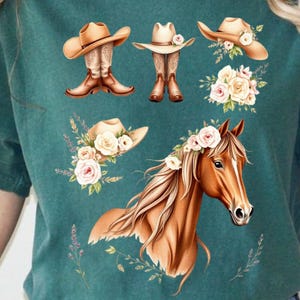 Western Cowgirl Horse PNG Bundle, Floral Cowboy Boots & Hats Clipart, Country Girl Sublimation Design for Apparel  and Crafts