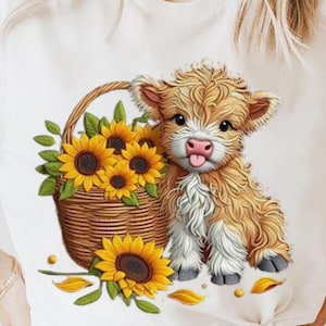 Sunflower Highland Cow PNG: Baby Cow Clipart, Fall Sublimation Design