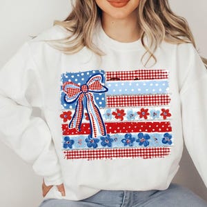 Coquette Amerikaanse vlag PNG, patriottische strik ditsy bloemen, geruit USA ontwerp, retro penseelstreek, 4 juli sublimatie DTF digitaal bestand
