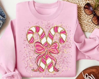 Pink Christmas Candy Cane Png, Preppy Christmas Coquette Png, Glitter Christmas Bow Shirt Design, Brushstroke Xmas Sublimation Design