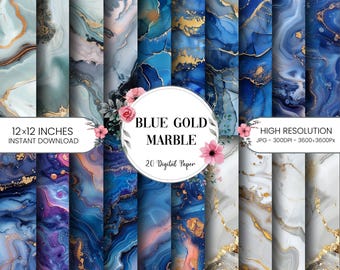 May include: A collection of 20 digital paper sheets featuring blue and gold marble patterns with swirling textures. The central circular label displays the text BLUE GOLD MARBLE 20 Digital Paper, surrounded by pink floral illustrations.