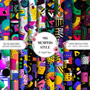 May include: A set of 20 digital papers in a 90s Memphis style, each 30.48 x 30.48 cm. The designs showcase bright colours and geometric shapes, including triangles, circles, and stripes. The papers are high resolution, JPG format, and available for instant download.