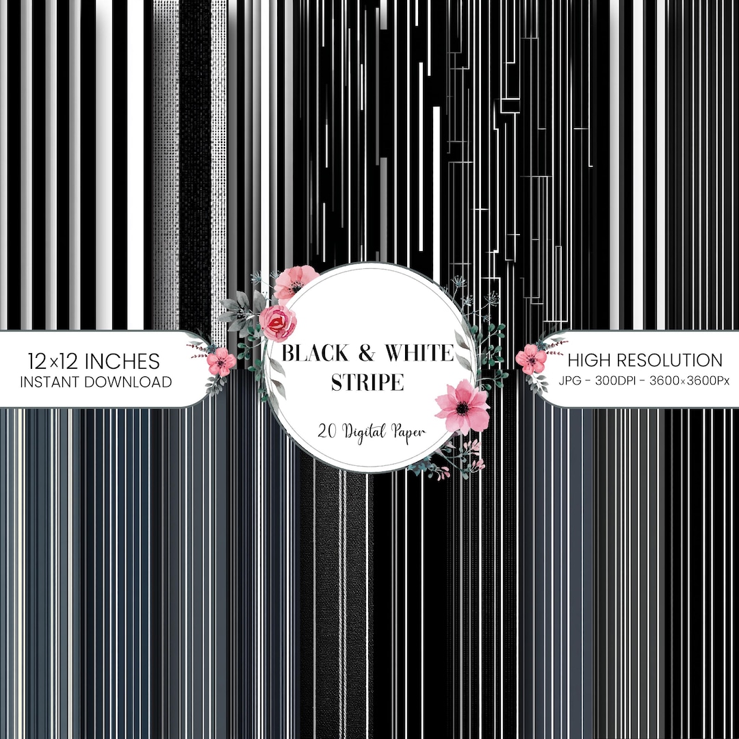Black and White Stripe Digital Paper Pack, Seamless Linear Patterns ...