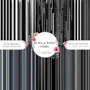 May include: A digital paper pack featuring various black and white stripe designs. The image includes text that reads "Black & White Stripe" and "12x12 inches instant download". The high-resolution digital papers are 3600x3600px.
