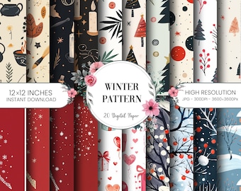 Winter Digital Paper, Christmas Patterns, Holiday Backgrounds, Scrapbook, 12x12 Seamless Textures, Printable Winter Designs