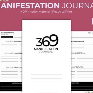 May include: A white Manifestation Journal with the text "369 Manifestation Journal" and interior pages. The journal is 6 x 9 inches. The background is a maroon color with floral accents.