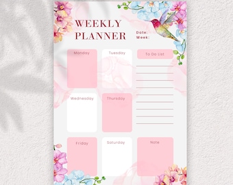 Planificador semanal floral: plantilla imprimible, descarga digital, elegante lista de tareas, organizador semanal con sección de notas.
