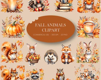 Autumn Animals Clipart: Watercolor Woodland PNG Images Cozy Pumpkin & Leaf Illustrations | Thanksgiving (Digital Download)