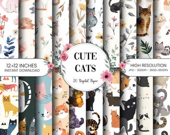 Cute Cat Digital Paper, Kitty Scrapbook Papers, 12x12 Watercolor Cat Pattern, Cartoon Cats Backgrounds, 300 DPI JPG, Animal Print Bundle