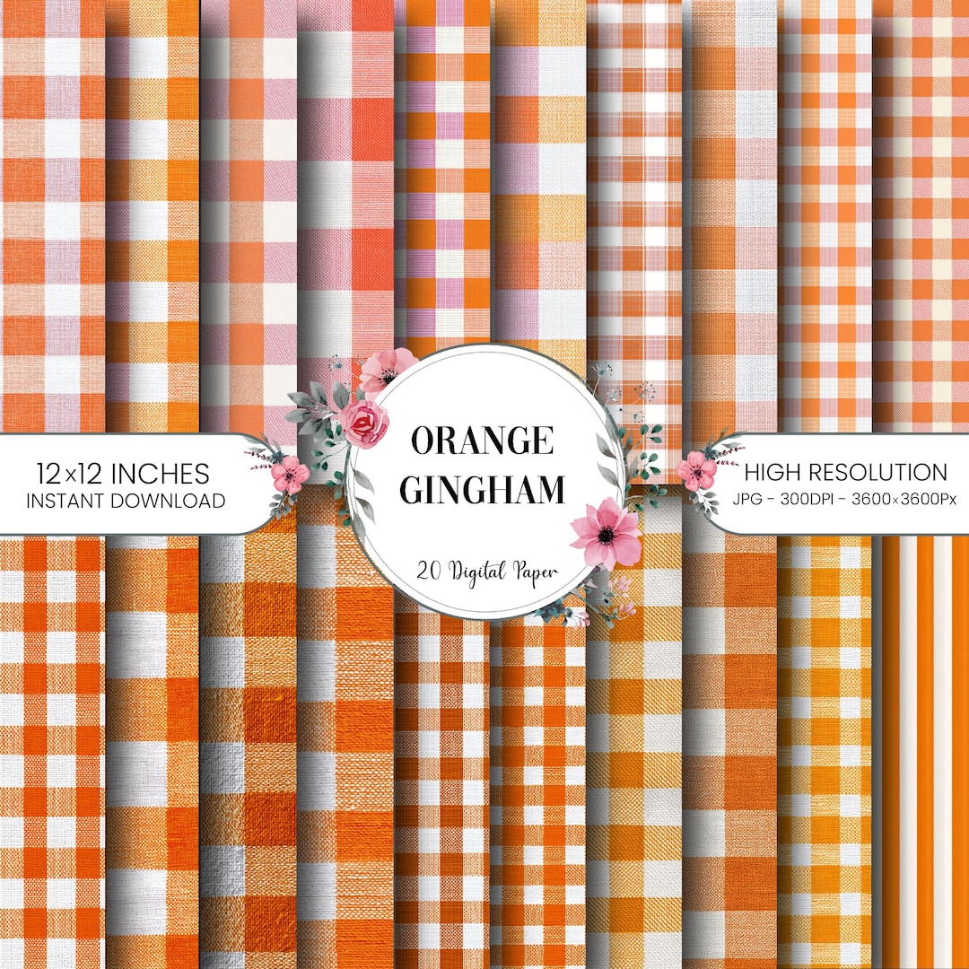 Orange Gingham Background Bundle, Warm Checkered Plaid Digital Papers ...