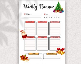 May include: A white weekly planner with a Christmas theme. The planner features a Christmas tree, gifts, Santa Claus, and a sleigh. It includes sections for each day of the week, notes, and weekly goals. The text "Weekly Planner" is at the top.