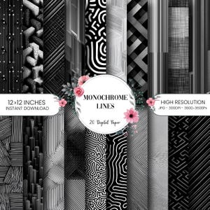 May include: A collection of 20 digital papers with monochrome line patterns. The papers are 12x12 inches and high resolution. The image includes text that says "Monochrome Lines" and "Instant Download".