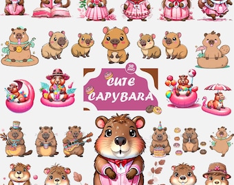 Kawaii Capybara Clipart: 38 Animal PNGs (Digital Download)