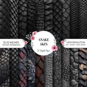 Op de afbeelding: Een verzameling van 20 digitale papieren met slangenhuiddesigns in zwart, grijs en bruin. De afbeelding bevat de tekst "Snake Skin" en "12x12 inches instant download". Elk papier meet 30,48 x 30,48 cm.