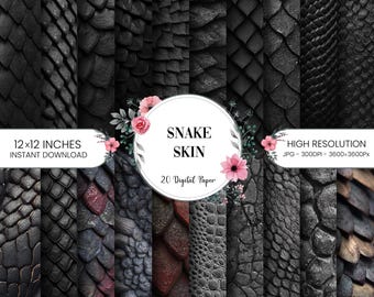 May include: A collection of 20 digital papers featuring various textures resembling snake skin. The papers are in shades of black, gray, and brown. The image includes text that says "Snake Skin" and "12x12 inches instant download".