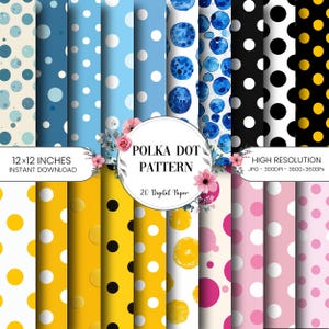 Puede incluir: Una colección de 20 patrones digitales de lunares en varios colores, incluyendo azul, negro, amarillo y rosa. Cada patrón mide 30,48 x 30,48 cm y es de alta resolución. La imagen incluye el texto "POLKA DOT PATTERN" y "INSTANT DOWNLOAD".