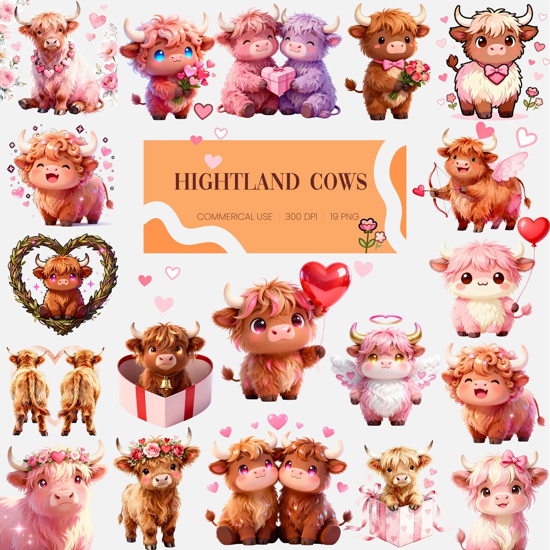 Highland Cow PNG Clipart Bundle | Valentine Floral Ranch (digital ...