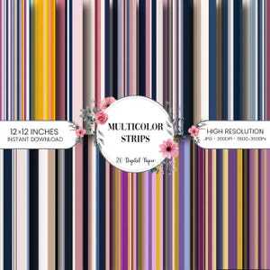 Puede incluir: Un paquete de papel digital con rayas verticales en varios colores, incluyendo amarillo, rosa, azul marino y morado. El texto "MULTICOLOR STRIPS" se muestra en un marco circular, junto con "12x12 INCHES" y "INSTANT DOWNLOAD". Alta resolución.