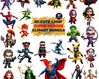 Chibi superhjälte clipart | 61 PNG, 300 DPI (digital nedladdning)