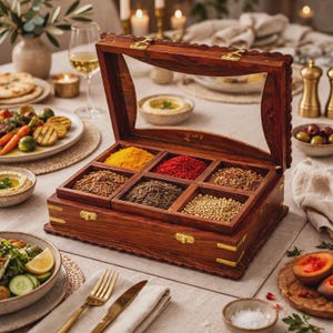 Handcrafted Wooden Spice Box Floral Inlay Glass Lid Masala Box Indian Brass Kitchen Storage Spice Organizer Housewarming Hostess Gift