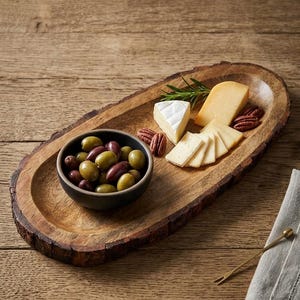 Bandeja rústica de madera para servir con borde natural, decoración de mesa de granja, tabla ovalada larga hecha a mano