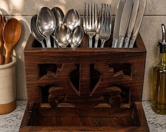 Porte-ustensiles en bois fait main, style rustique sculpté, organisateur de couverts à plusieurs compartiments, boîte de rangement pour couverts de comptoir