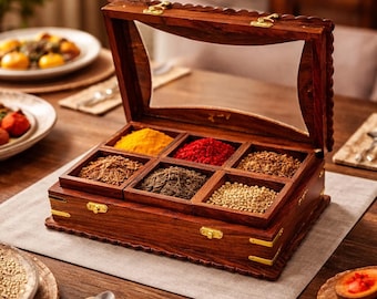 Especiero artesanal de madera de 30x20 cm con tapa de cristal y organizador de especias con incrustaciones florales.