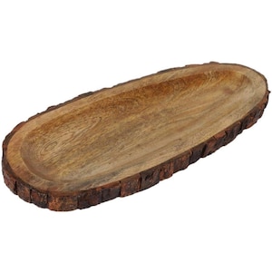 May include: A wooden serving tray with a natural edge. The tray is oval-shaped with a recessed center and a rough, bark-like edge. The wood has a warm, brown tone.