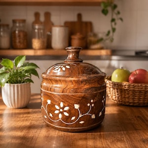 Puede incluir: Un tarro de almacenamiento de madera marrón con tapa, decorado con diseños florales blancos. El tarro está sobre una superficie de madera. Una pequeña maceta y una cesta de manzanas son visibles en el fondo.
