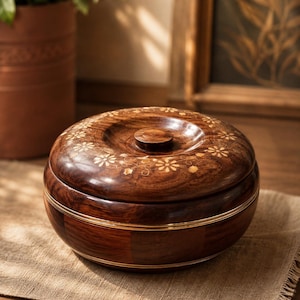 May include: A round, dark brown wooden container with a removable lid. The lid features a polished finish and is decorated with a circular inlay pattern of small, light-coloured floral motifs. A thin, metallic gold-toned band encircles the centre.