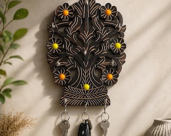 Wooden Key Holder Wall Hanging Handmade Decorative Key Rack Organizer Rustic Home Decor