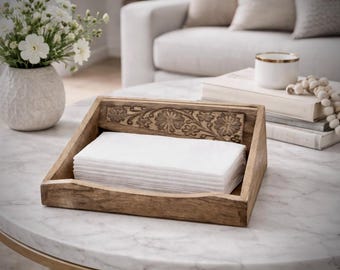 Handmade Wooden Napkin Holder Floral Carved Rustic Boho Carved Wood Tissue Holder Farmhouse Table Decor Dining Room Decor Hostess Gift