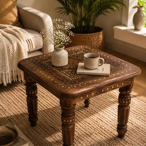 Puede incluir: Mesa auxiliar cuadrada de madera marrón oscuro con tallas ornamentales e incrustaciones de latón. La mesa tiene cuatro patas torneadas. Un pequeño jarrón con flores blancas, una taza y un libro descansan sobre la mesa. La mesa está sobre una alfombra tejida. 60 cm.