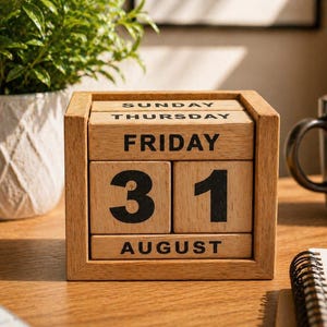 trä evighetskalender handgjord träkalender rustik heminredning kontorsinredning återanvändbara block