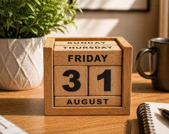 wooden perpetual calendar hand made wood calendar rustic home accessory office decor reusable blocks