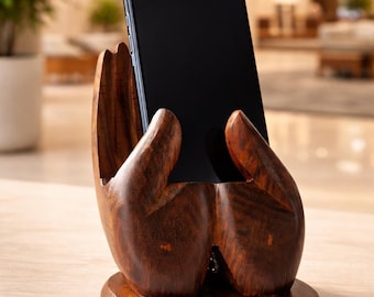 Hand Carved Wooden Mobile Stand Unique Phone Holder Handmade Desk Accessory Natural Wood Finish
