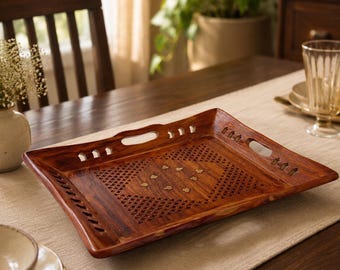 Handcrafted Wooden Serving Tray with Floral Inlay, Decorative Kitchen Organizer for home decor