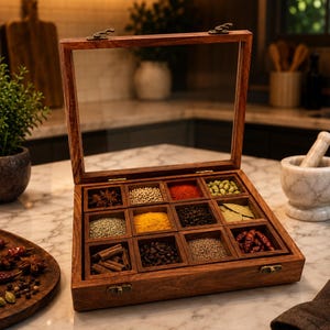 Handgemachte hölzerne Gewürzbox mit Glasdeckel Multi Fach Gewürz Organizer rustikale Holz Gewürz Aufbewahrungsbehälter Einweihungsparty Geschenk