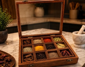 Handmade Wooden Spice Box With Glass Lid Multi Compartment Spice Organizer Rustic Wood Seasoning Storage Container Housewarming Gift