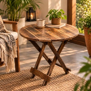 May include: A round, dark brown wooden folding table with a slatted top surface and an X-shaped base. The table features a weathered, rustic finish and is constructed from planks of wood, providing a stable platform for small decorative items.