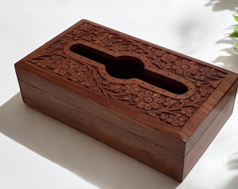 Handcrafted Carved Wooden Tissue Box Cover for Home Decor, 10x6 Inch