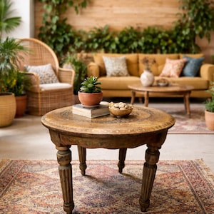 May include: A round, wooden coffee table with carved legs and a detailed, patterned top. The table holds a small potted plant, a book, and a bowl of nuts. The room features a mustard-colored sofa, a patterned rug, and lush greenery.