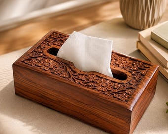 Handcrafted Carved Wooden Tissue Box Cover for Home Decor Rustic Tissue Holder 10x6 Inch