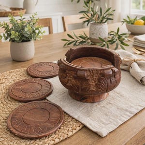 May include: A set of round, dark brown wooden coasters featuring a carved petal pattern, accompanied by a matching circular wooden holder with a carved exterior design. The coasters are arranged in a stack within the holder and individually.